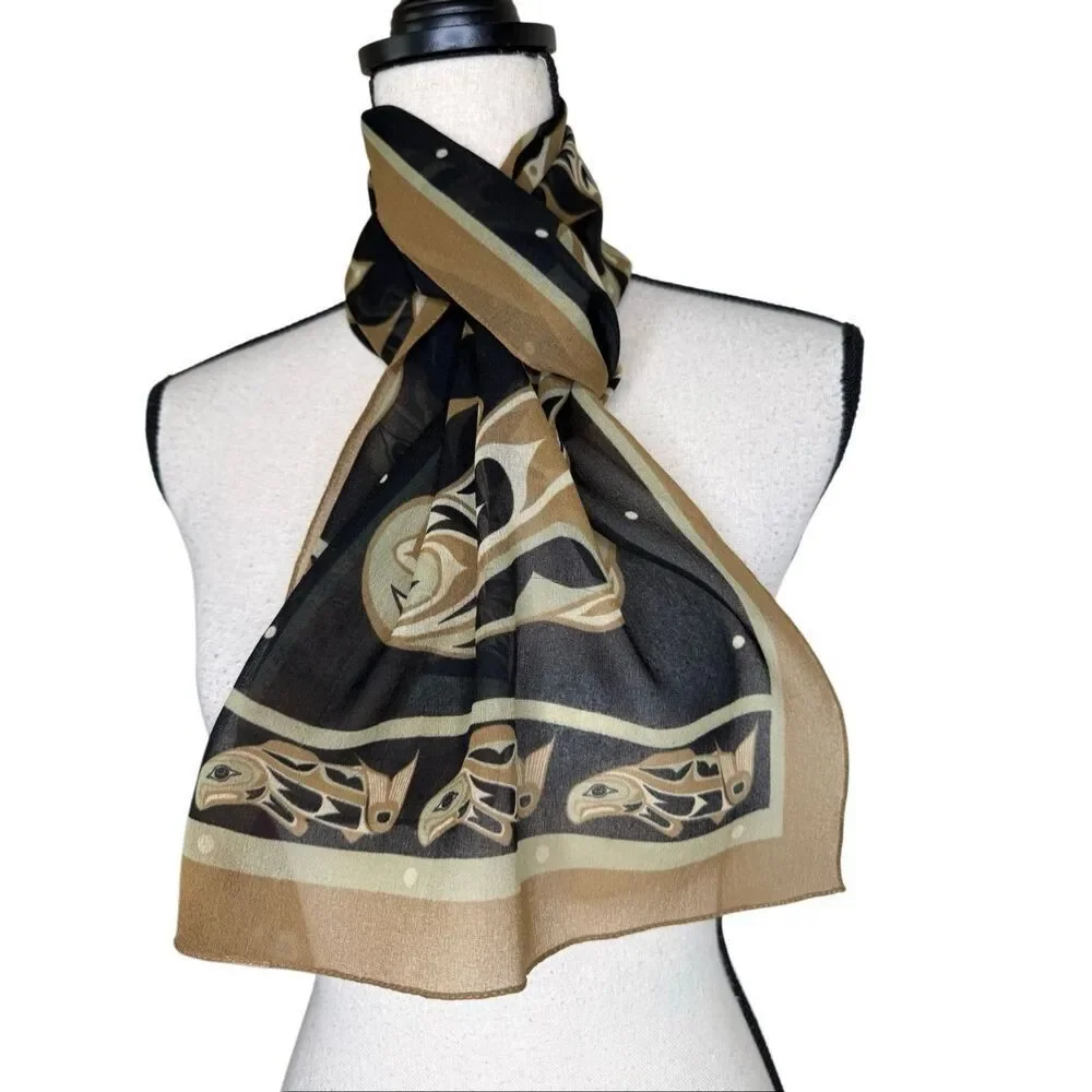 Vintage Anthony Joseph Scarf Coast Salish ‘Circle of Life’ Salmon Art Earthy